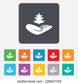 Save forest sign icon. Hand holds Christmas tree symbol. Environmental protection symbol. Rounded squares 11 buttons. Vector