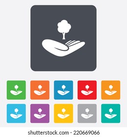 Save forest sign icon. Hand holds tree symbol. Environmental protection symbol. Rounded squares 11 buttons. Vector