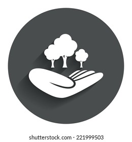 Save forest sign icon. Hand holds tree symbol. Environmental protection symbol. Circle flat button with shadow. Modern UI website navigation. Vector