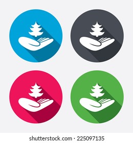 Save forest sign icon. Hand holds Christmas tree symbol. Environmental protection symbol. Circle buttons with long shadow. 4 icons set. Vector