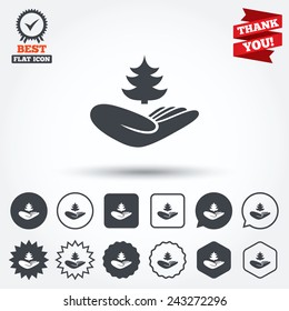 Save forest sign icon. Hand holds Christmas tree symbol. Environmental protection symbol. Circle, star, speech bubble and square buttons. Award medal with check mark. Thank you ribbon. Vector