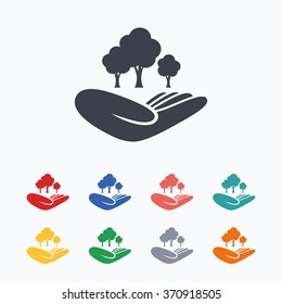 Save forest sign icon. Hand holds tree symbol. Environmental protection symbol. Colored flat icons on white background.