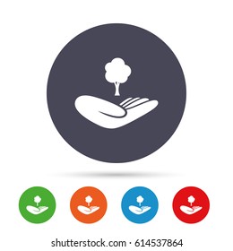 Save forest sign icon. Hand holds tree symbol. Environmental protection symbol. Round colourful buttons with flat icons. Vector