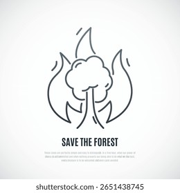 Save the Forest simple icon. Tree on fire simple line icon.