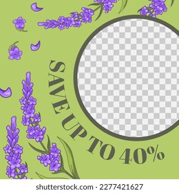 Save up to forty percent with seasonal sale. Spring flowers in blossom, green leaves and foliage with circular frame with transparent backgrounds for copy space or image. Vector in flat style
