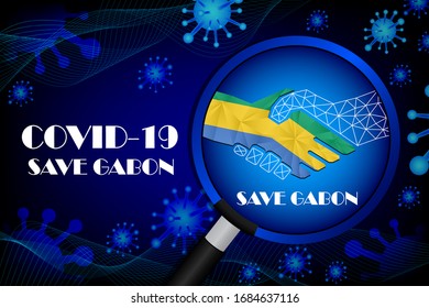 Salva Gabón para detener el signo de virus. Las células del virus Covid-19 o el virus de la corona y las bacterias se cierran aisladas en el fondo azul,
Ilustración vectorial de volantes publicitarios de afiches.