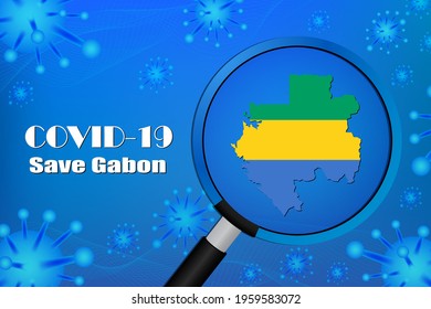 Save Gabon for stop virus sign. Covid-19 virus cells or corona virus and bacteria close up isolated on blue background,Poster Advertisement Flyers Vector Illustration.