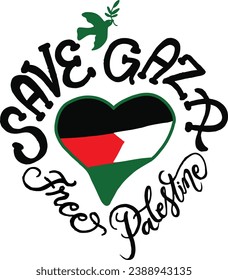 Retten Sie Gaza-Banner mit Taubenkunst und Herz. Retten Sie Gaza Free Palestine Design. Kalligrafisches Banner, gut für Grußkarten, Flyer, Broschüre, Social Media, Banner, etc. Vektorgrafik.