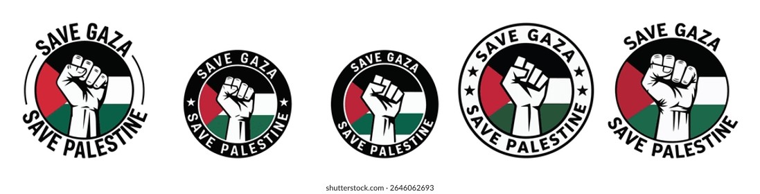 Save Gaza Save Palestine Raised Fist Emblem Set  Protest Vector Graphics
