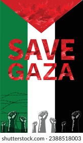 Save Gaza. Stop War and killing of civillians in Gaza Strip. Free Palestine poster designs with flag of Palestine.
