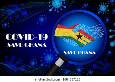 Save Ghana for stop virus sign. Covid-19 virus cells or corona virus and bacteria close up isolated on blue background,
Poster Advertisement Flyers Vector Illustration.