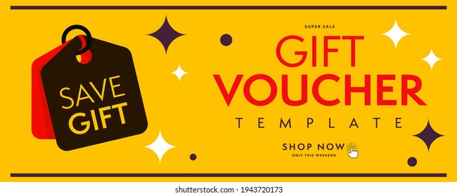 Guardar plantilla de cupón de regalo con superventa sólo el fin de semana. Oferta de descuento diseño de cupón con clic de invitación para comprar ahora en línea en diseño amarillo ilustración vectorial aislado en fondo blanco