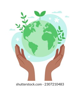 Save the global planet Earth. World environment and ecology day concept. African American hands holding the planet. Green natural leaf on the globe. Modern vector cartoon illustration in flat style.
