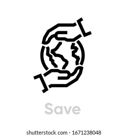 Save the globe planet. Two hands hug, cover the earth. Editable line vector. Simple isolated single sign. Pictogram for web site, mobile application.