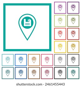 Save GPS location flat color icons with quadrant frames on white background