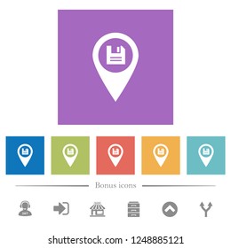 Save GPS map location flat white icons in square backgrounds. 6 bonus icons included.