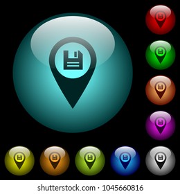 Save GPS map location icons in color illuminated spherical glass buttons on black background. Can be used to black or dark templates