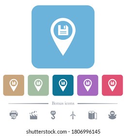 Save GPS map location white flat icons on color rounded square backgrounds. 6 bonus icons included
