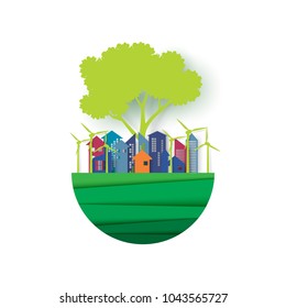 Save the green earth.Eco friendly cityscape and urban forest landscape background.Ecology and environment  sustainable resources conservation creative idea concept paper art style.Vector illustration.