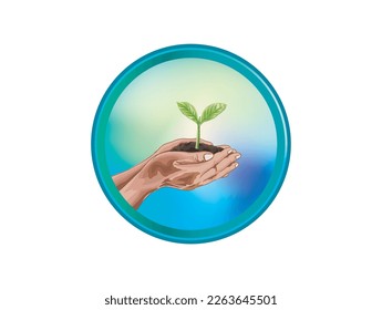 grüne Illustration speichern. zwei Hände, die eine junge Pflanze halten