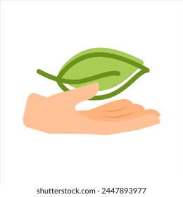 Save green leaf organic hand. Plant in hand line icon. Hand holding plant. Vector illustration isolated on white background.