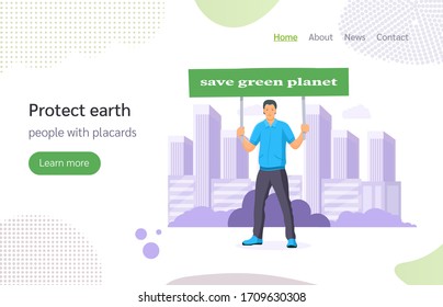 Retten Sie den grünen Planeten. Bereiten Sie sich auf den Tag der Erde vor, retten Sie unseren Planeten, Energie. Schützen Sie die Erde. Menschen mit Plakaten, Konzept der Erde Tag. Werbebanner-Vorlage, Zielseite. Vektorillustration.