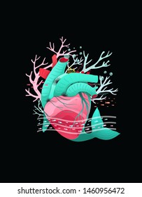 Save the Heart of the Sea coral reef and fish protection concept. Healthy corals fish and a whale heart , underwater design isolated on black. Sea and ocean protection concept.