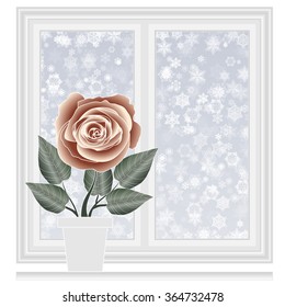 Save heat postcard closed window with snowflakes background, winter time, Christmas and New Year