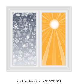 Save heat postcard open window with snowflakes and sun contrast background