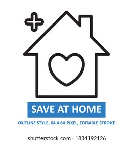 Sparen Sie bei Home Illustration Vector Icon Outline Style. Bearbeitbarer Stroke. Base 64 x 64 Pixel. Erweitert. Perfekte Verwendung für die Sensibilisierung in Banner, Flyer, Präsentation, etc.