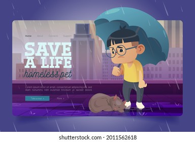 Save homeless pet banner with poor cat and boy