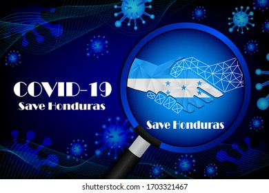 Save Honduras for stop virus sign. Covid-19 virus cells or corona virus and bacteria close up isolated on blue background,
Poster Advertisement Flyers Vector Illustration.