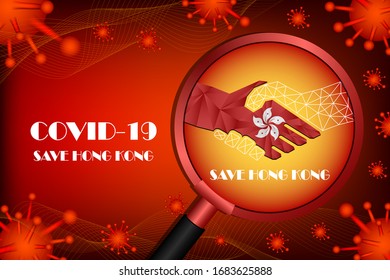 Save Hong Kong for stop virus sign. Covid-19 virus cells or corona virus and bacteria close up isolated on blue background,
Poster Advertisement Flyers Vector Illustration.