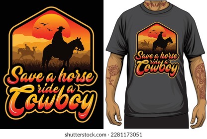 Salvar a un caballo en un vector de camisetas de cowboy