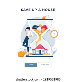 Save Up A House Concept. Man Purchased A Property And Awaits For Savings Growing. Make Money In Property, Rising Housing Market. Modern Flat Vector Illustration