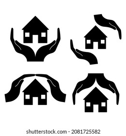 Save house hands vector icons for concept design. Houses in hands on white background. Linears blacks icons.