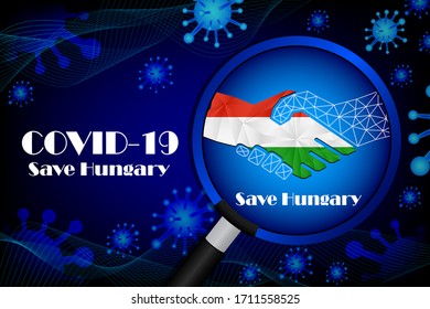 Save Hungary for stop virus sign. Covid-19 virus cells or corona virus and bacteria close up isolated on blue background,
Poster Advertisement Flyers Vector Illustration.