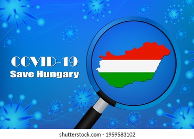 Save Hungary for stop virus sign. Covid-19 virus cells or corona virus and bacteria close up isolated on blue background,
Poster Advertisement Flyers Vector Illustration.