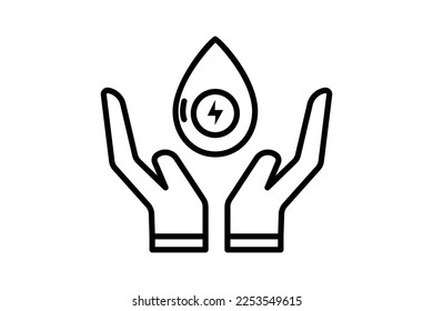 Save hydro power icon illustration. Hand icon with water drop and electricity. icon related to ecology, renewable energy. Line icon style. Simple vector design editable