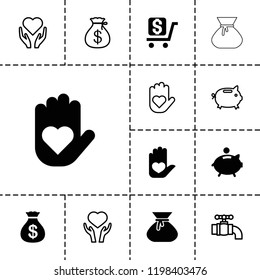 Save icon. collection of 13 save filled and outline icons such as money sack, heart on hand, piggy bank, money box, hand with heart. editable save icons for web and mobile.
