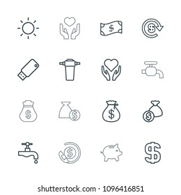 Save icon. collection of 16 save outline icons such as money sack, tap, hand with heart, money bag, usb drive, contrast, dollar, crown. editable save icons for web and mobile.