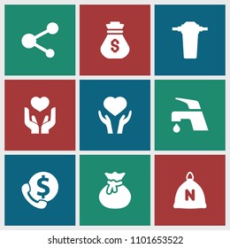 Save icon. collection of 9 save filled icons such as sack, tap, heart on hand, share, bank support, money sack. editable save icons for web and mobile.