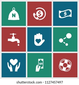 Save icon. collection of 9 save filled icons such as sack, tap, heart on hand, crown, lifebuoy, payment, bank support. editable save icons for web and mobile.
