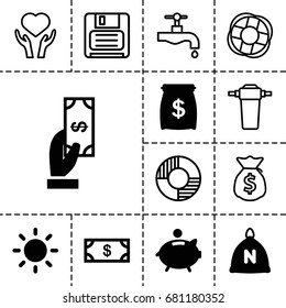 Save icon. set of 13 filled and outline save icons such as sack, money, payment, contrast, piggy bank, money sack, tap, heart on hand, diskette