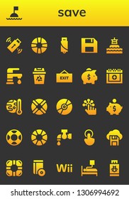 save icon set. 26 filled save icons.  Collection Of - Pendrive, Buoy, Lifesaver, Diskette, Faucet, Recycling, Exit, Piggy bank, Date, Global warming, Lifebuoy, Compact disc, Tap