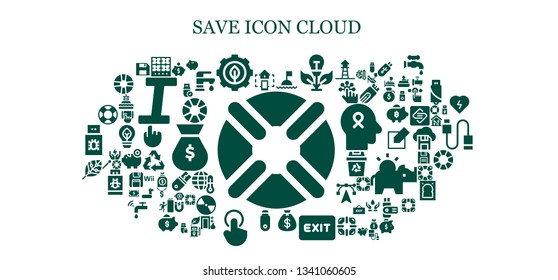 save icon set. 93 filled save icons.  Simple modern icons about  - Lifebuoy, Smart home, Burner, Green energy, Buoy, Money bag, Exit, Pendrive, Tap, Renewable energy, Piggy bank