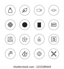 Save icon set. collection of 16 outline save icons with blood donation, cd, exit, faucet, eco fuel, floppy disk, green energy, lifebuoy, piggy bank, renewable energy icons.