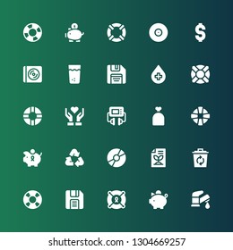 save icon set. Collection of 25 filled save icons included Faucet, Piggy bank, Lifesaver, Diskette, Recycle, Recycled paper, Disc, Lifebuoy, Sack, Defibrillator, Give love, Blood donation