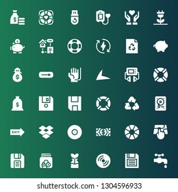 save icon set. Collection of 36 filled save icons included Water tap, Diskette, Compact disc, Reuse, Savings, Point, Lifebuoy, Dollar, Cd, Dropbox, Exit, Hard drive, Recycle, Lifesaver