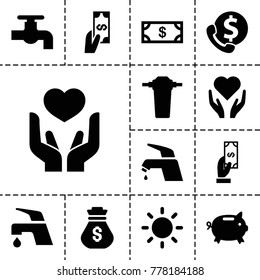 Save icons. set of 13 editable filled save icons such as money, payment, tap, money box, hand with heart, bank support, contrast